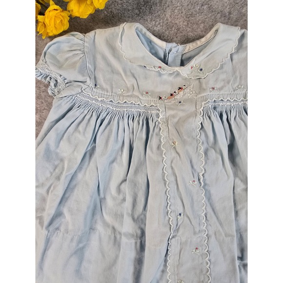 Other - Vintage 70s Baby Blue Smocked Hand Embroidered Scalloped Collar Dress 0-6m